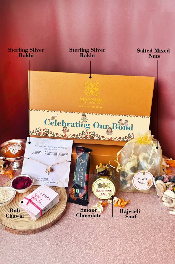 Mannash Premium Silver Rakhi Gift Hamper With Luxury Chocolate, Gourmet Treats & Roli Chawal : MCYRHO920D2307
