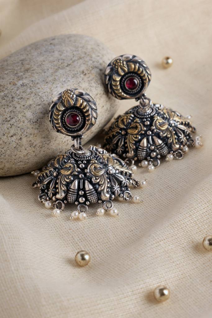 Red Pearl Dual Tone Temple Jhumkis : MDECMIX07