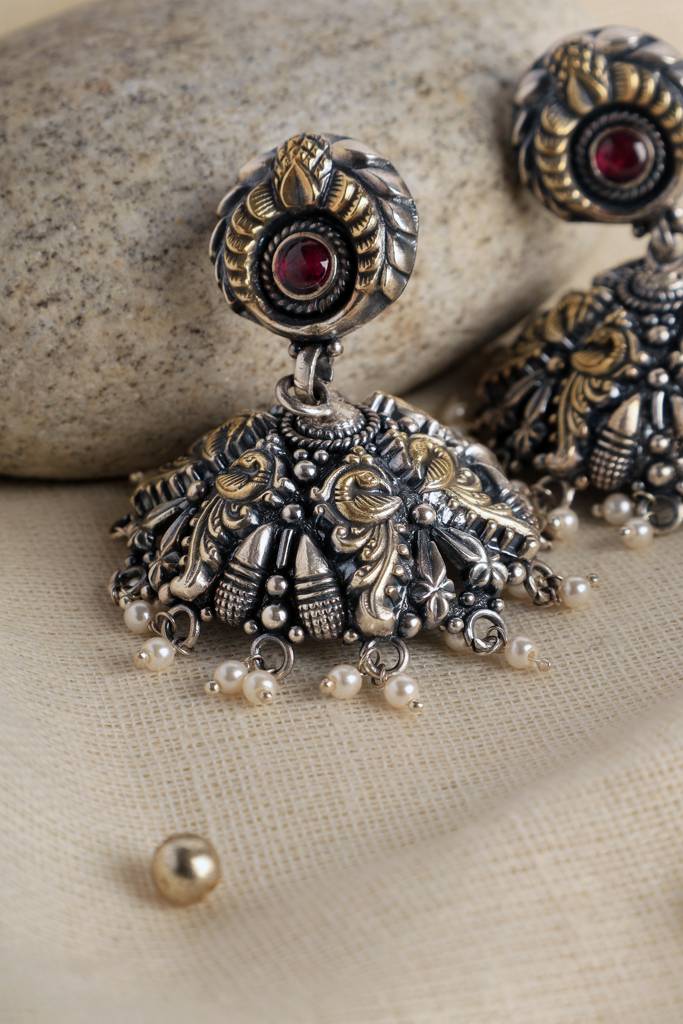 Red Pearl Dual Tone Temple Jhumkis : MDECMIX07