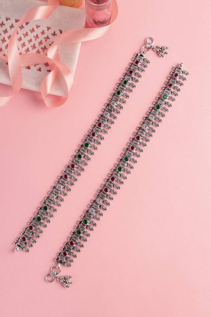 Red Green Spoke Silver Anklets : MDECMIX33