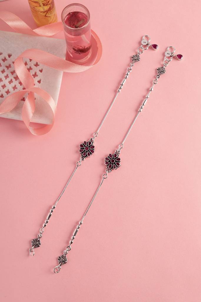 Ruby Cz Silver Floral Anklets : MDECMIX45