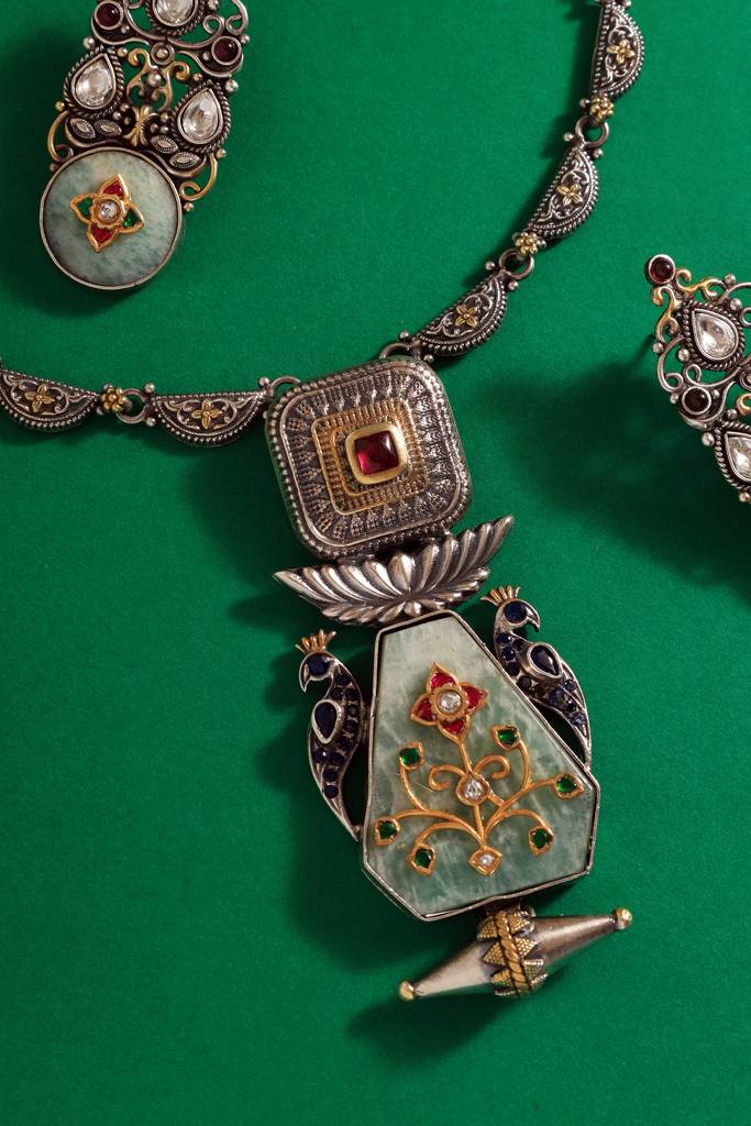 Jade Kundan Dual Tone Temple Necklace Set : MDECMIX75