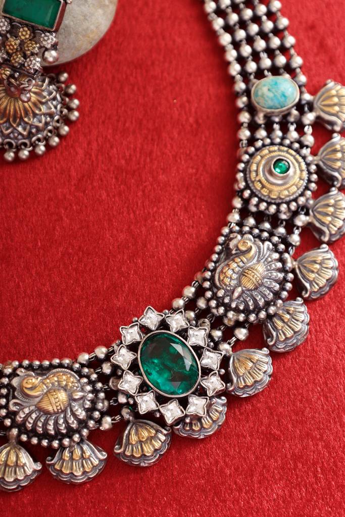 Green Jade Dual Tone Temple Necklace Set : MDECMIX77