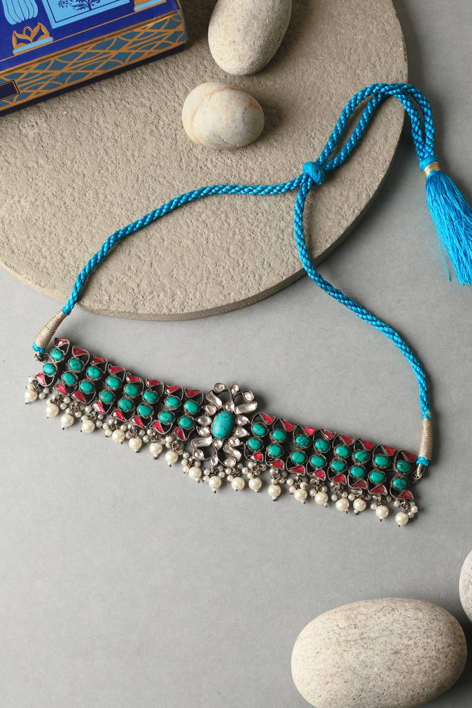 Turquoise Kundan Silver Choker : MDECMIX97