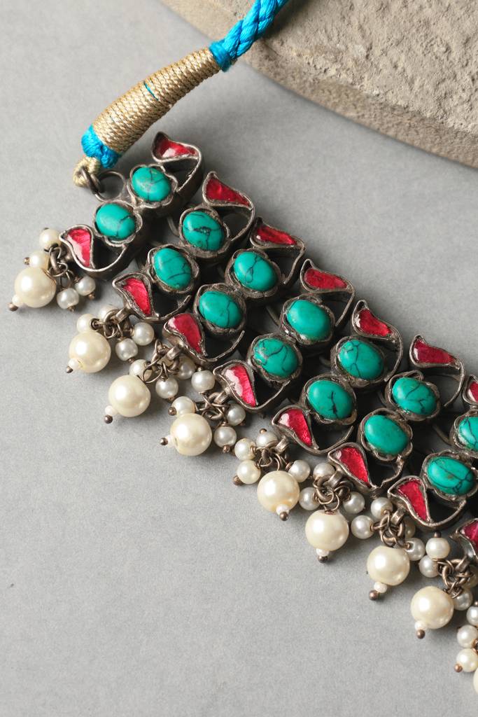 Turquoise Kundan Silver Choker : MDECMIX97