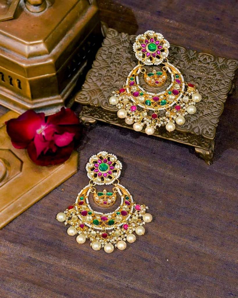 Multicolor Gold Plated Jadaau Kundan Earrings. : ME1M