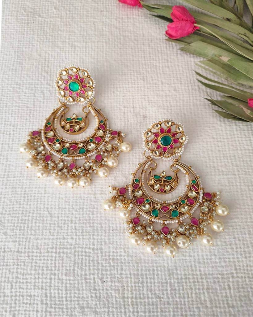 Multicolor Gold Plated Jadaau Kundan Earrings. : ME1M