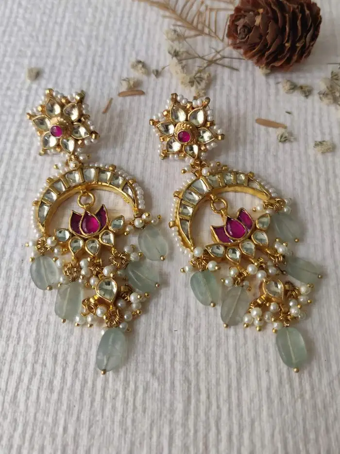 Pink Color Gold Plated Jadau Kundan Earrings : ME700M