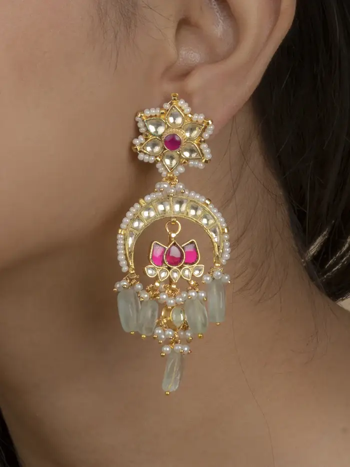 Pink Color Gold Plated Jadau Kundan Earrings : ME700M