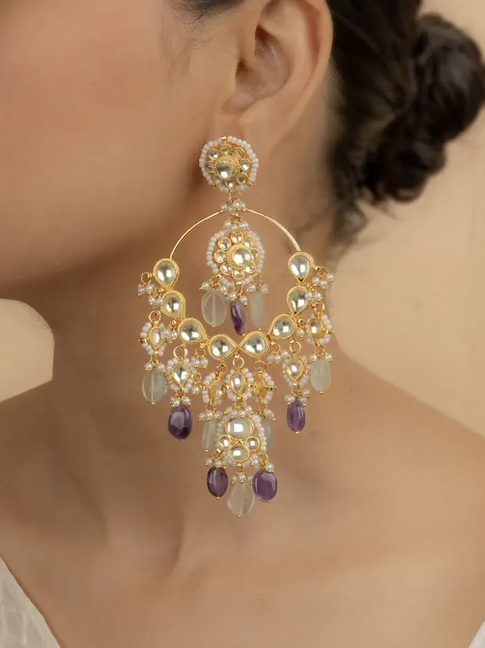 Multi Color Gold Plated Jadau Kundan Earrings : ME881Y