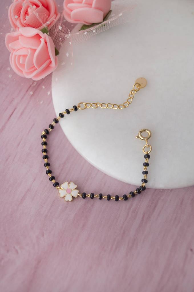 Blooming White Flower Gold Plated Sterling Silver Chain Kids Nazariya Bracelet : MEYBK907D2273