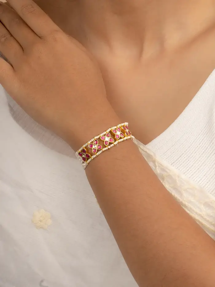 Pink Color Gold Plated Jadau Kundan Bracelet - Mhp111Yr : MHP111YR