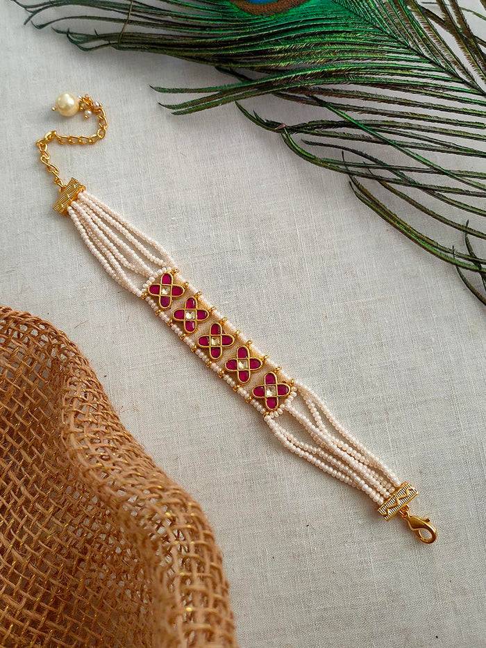 Pink Color Gold Plated Jadau Kundan Bracelet - Mhp111Yr : MHP111YR