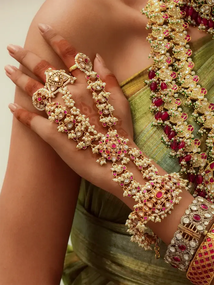 Pink Color Gold Plated Jadau Kundan Hathphool - Mhp256Wp : MHP256WP