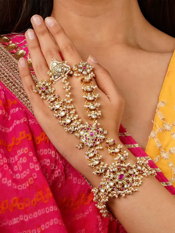 Pink Color Gold Plated Jadau Kundan Hathphool - Mhp256Wp : MHP256WP