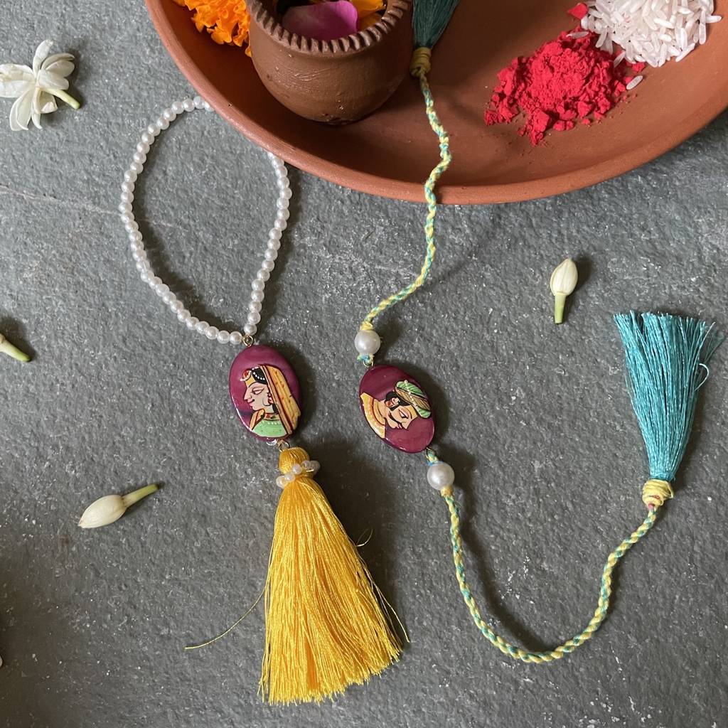 Handpainted Rakhi Lumba Set Yellow And Magenta : MJ268