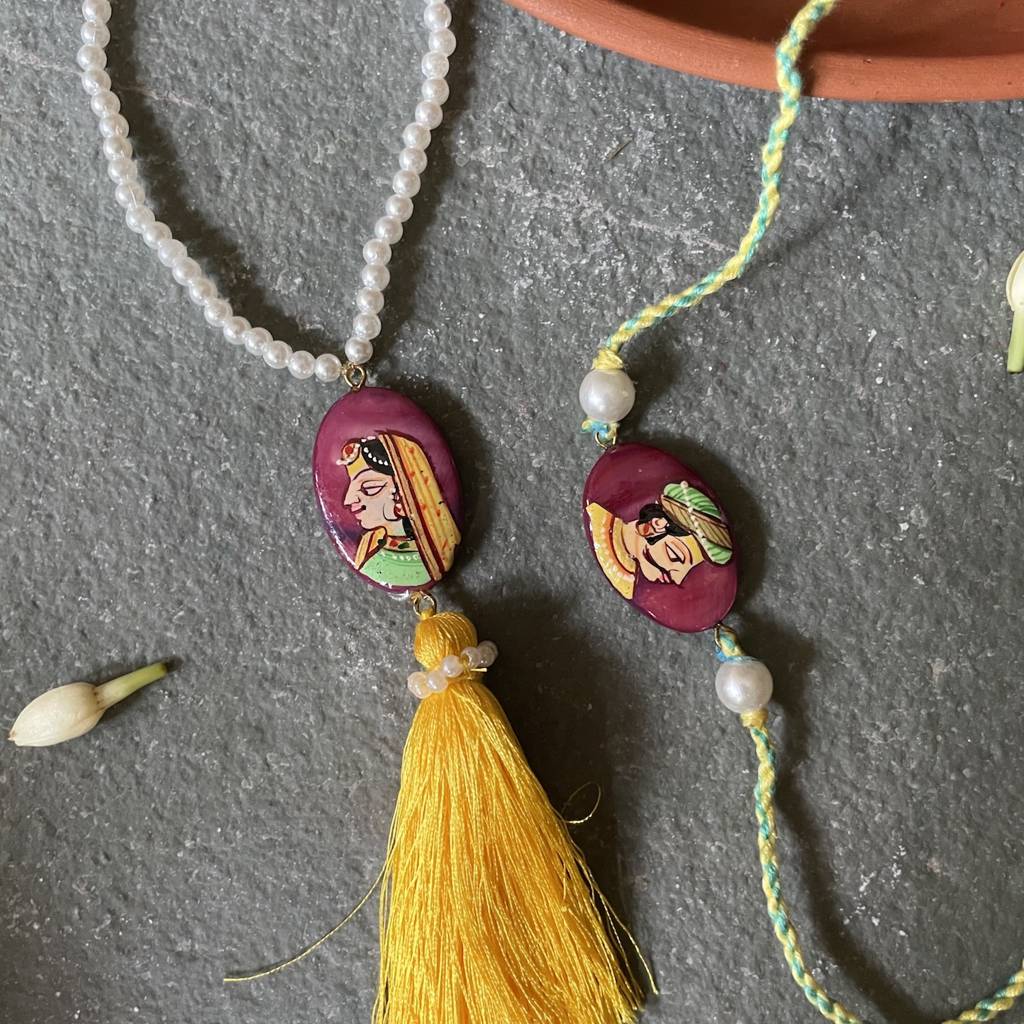Handpainted Rakhi Lumba Set Yellow And Magenta : MJ268