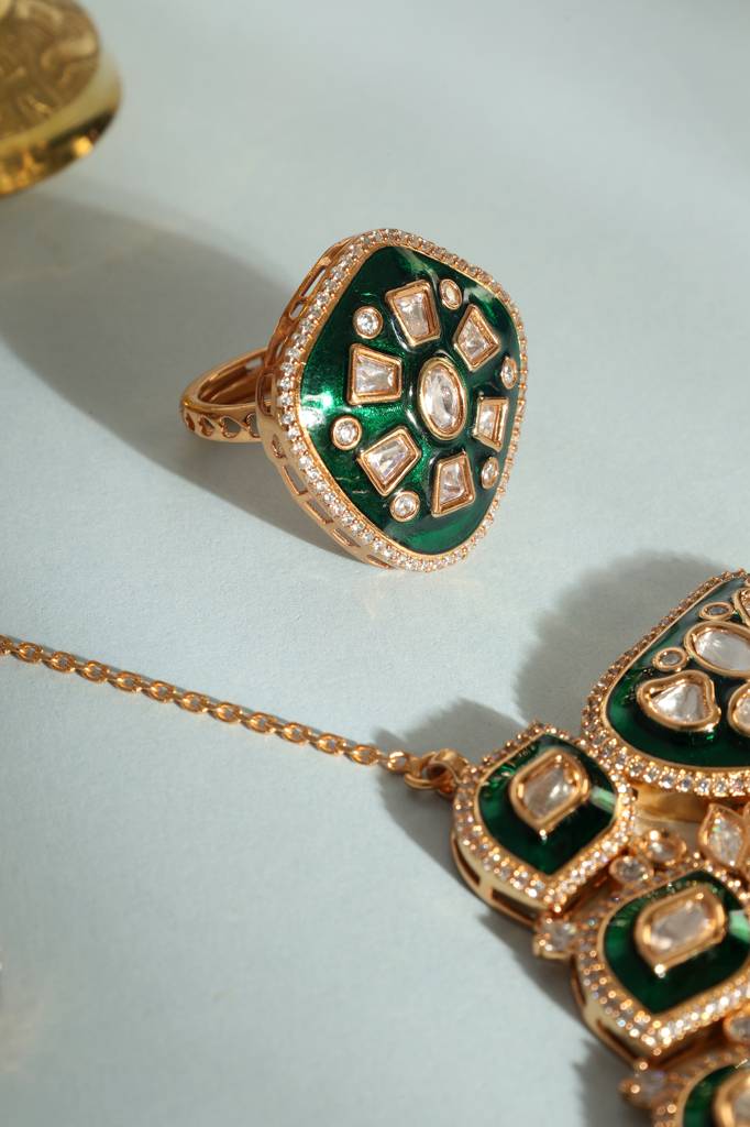 Green Moissanite Temple Necklace Set With Ring : MMAY2523