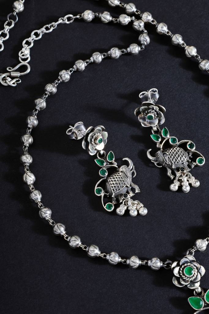 Elephant Green Cut Stone Long Necklace Set : MMAY2555