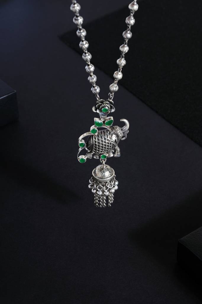 Elephant Green Cut Stone Long Necklace Set : MMAY2555
