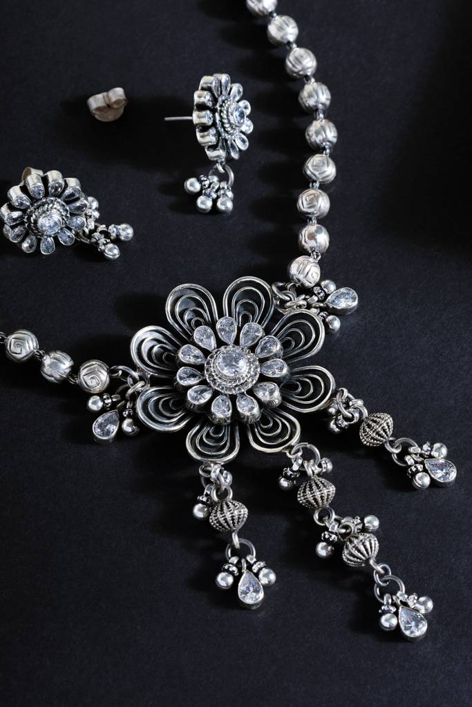 Floral Cz Long Pendant Necklace Set : MMAY2560