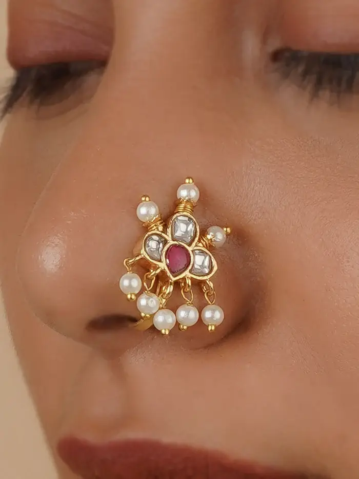 Pink Color Gold Plated Jadau Kundan Nosepin - Mnth172Wp : MNTH172WP