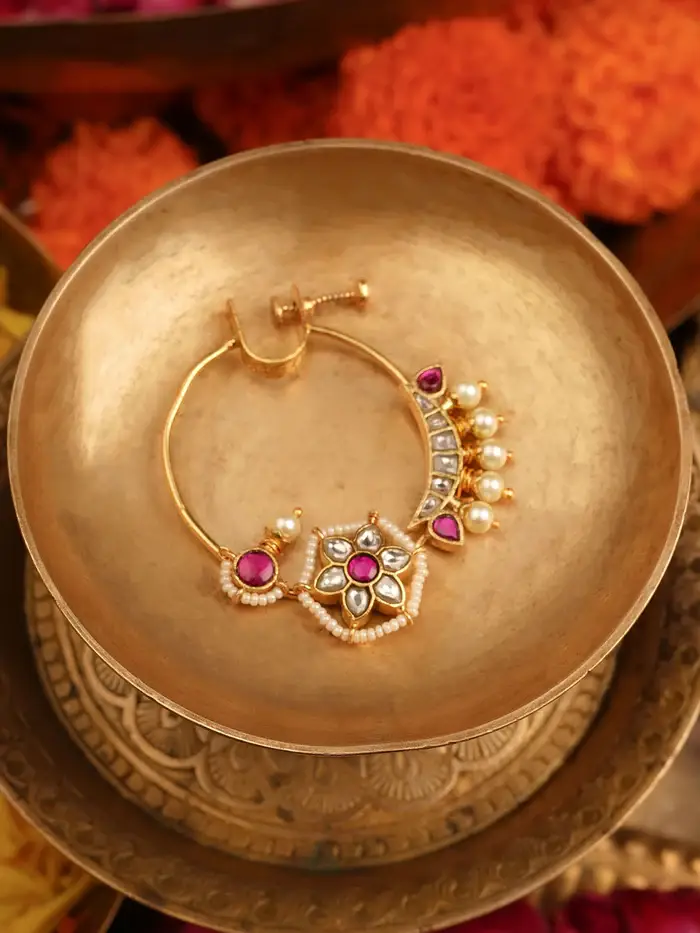 Pink Color Gold Plated Jadau Kundan Nosering - Mnth194Wp : MNTH194WP