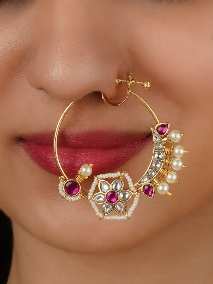 Pink Color Gold Plated Jadau Kundan Ring - TK-RNG11P