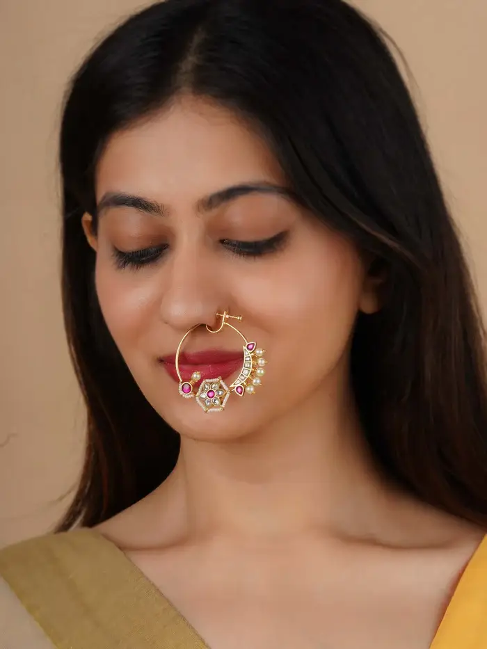 Pink Color Gold Plated Jadau Kundan Nosering - Mnth194Wp : MNTH194WP