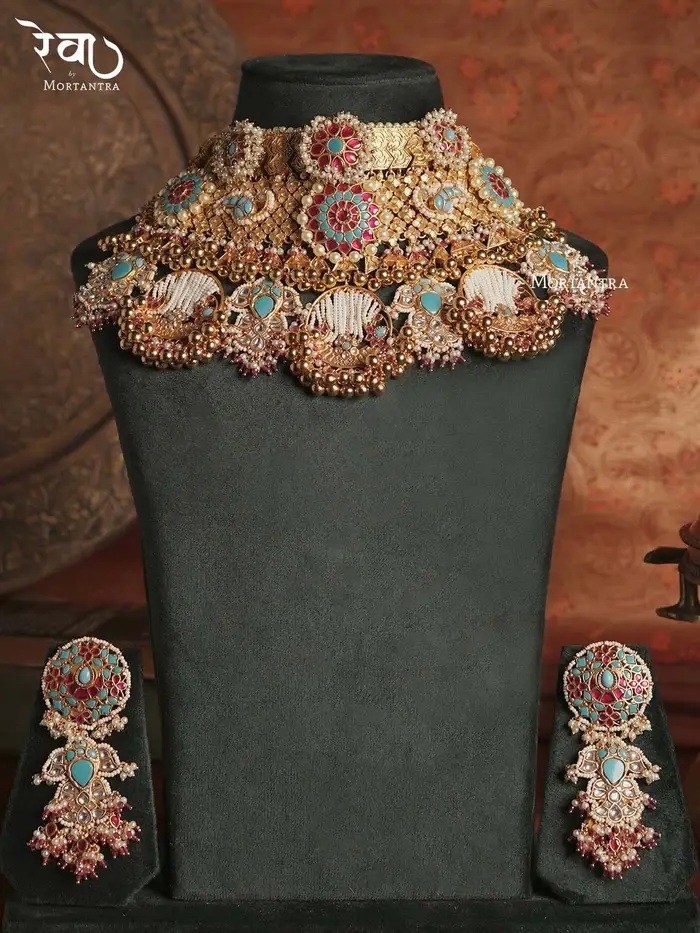 Multicolor Gold Plated Jadau Kundan Bridal Necklace Set : MO-S24M