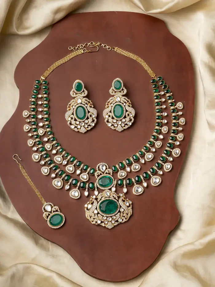 Green Color Gold Plated Moissanite Bridal Necklace Set : MO-S69GR