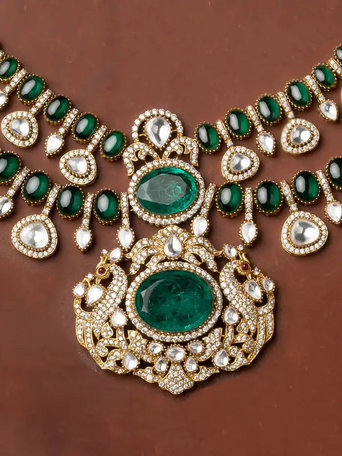 Green Color Gold Plated Moissanite Bridal Necklace Set : MO-S69GR