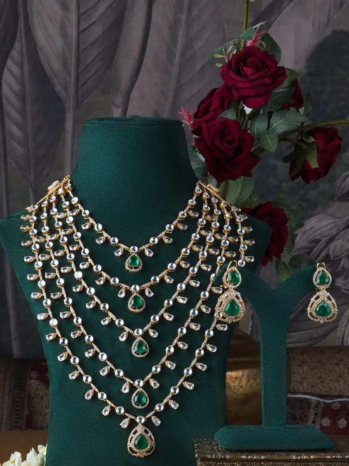 Green Color Gold Plated Moissanite Necklace Set : MO-S82GR
