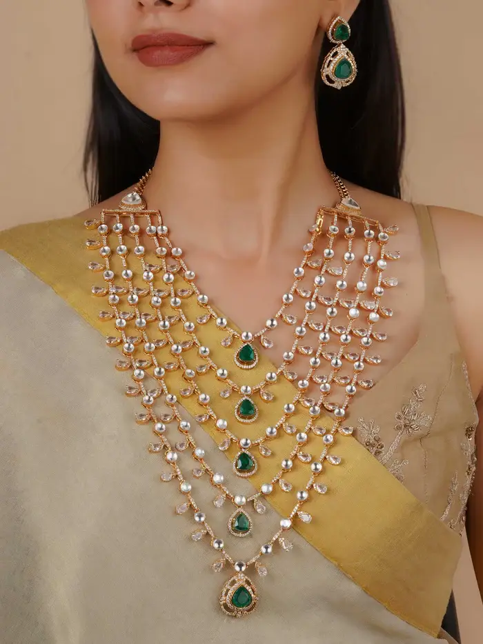 Green Color Gold Plated Moissanite Necklace Set : MO-S82GR