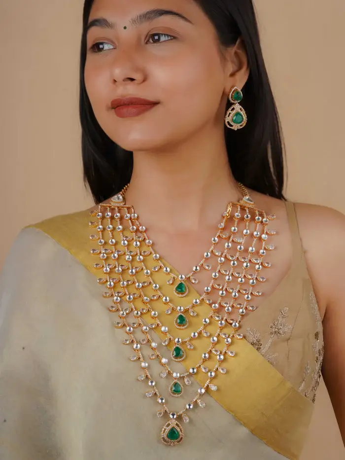Green Color Gold Plated Moissanite Necklace Set : MO-S82GR