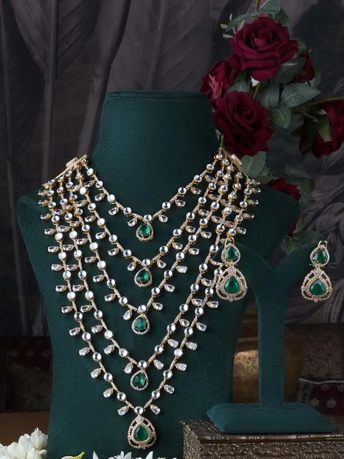 Green Color Gold Plated Moissanite Necklace Set : MO-S82GR