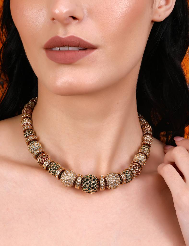Traditional Gold-Toned Beaded Sona Moti Necklace : RMQJ0243
