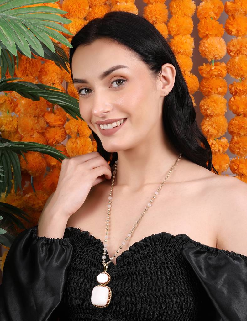 Ivory And Rose Quartz Dual-Pendant Necklace With Gold Beaded Chain : RMQJ0245
