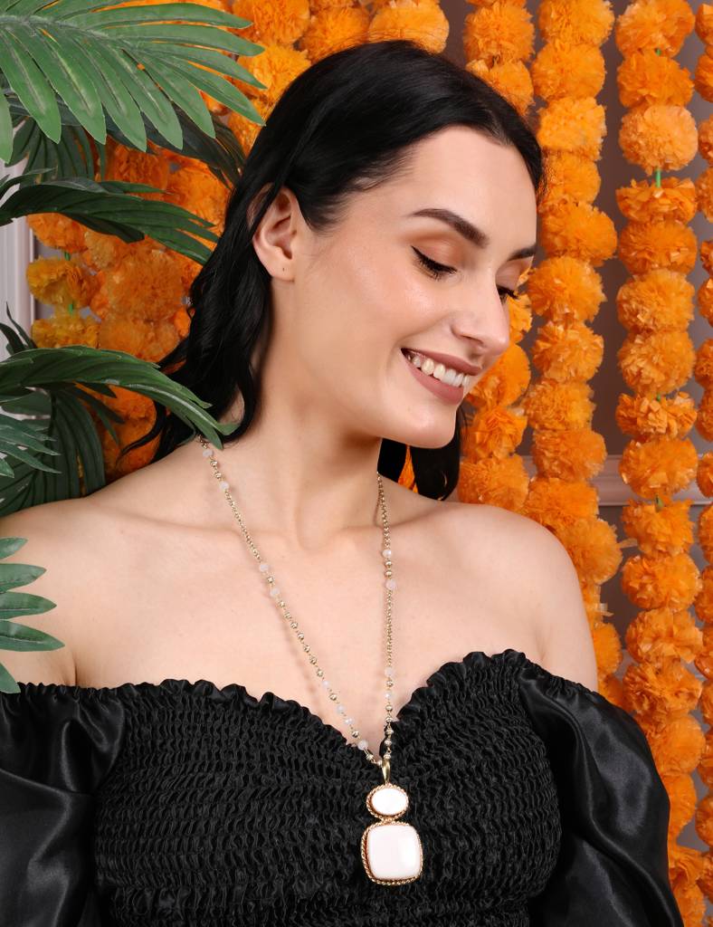 Ivory And Rose Quartz Dual-Pendant Necklace With Gold Beaded Chain : RMQJ0245