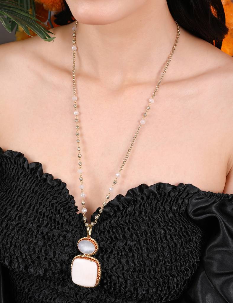 Ivory And Rose Quartz Dual-Pendant Necklace With Gold Beaded Chain : RMQJ0245