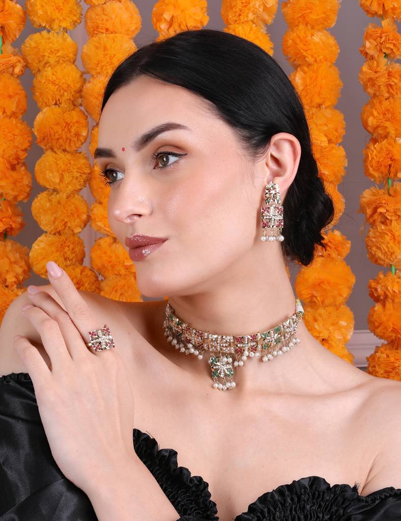 Multicolor Pearl-Studded Choker Set With Earrings & Adjustable Ring : RMQJ0246