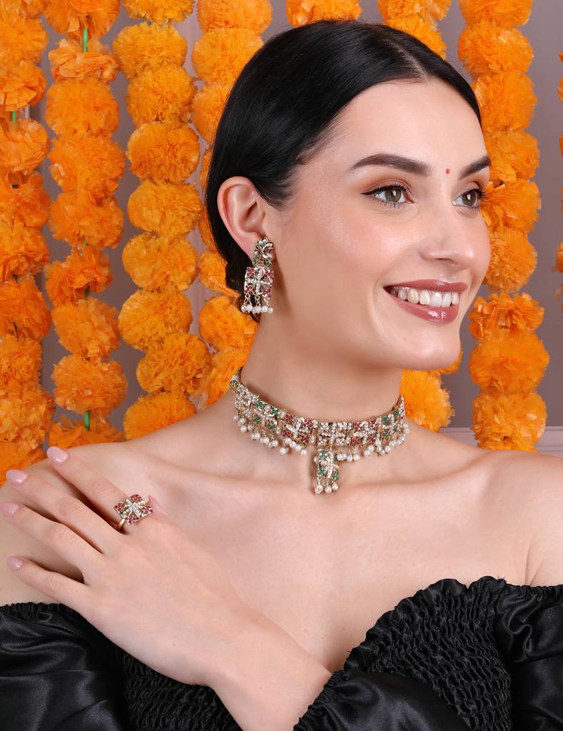 Multicolor Pearl-Studded Choker Set With Earrings & Adjustable Ring : RMQJ0246
