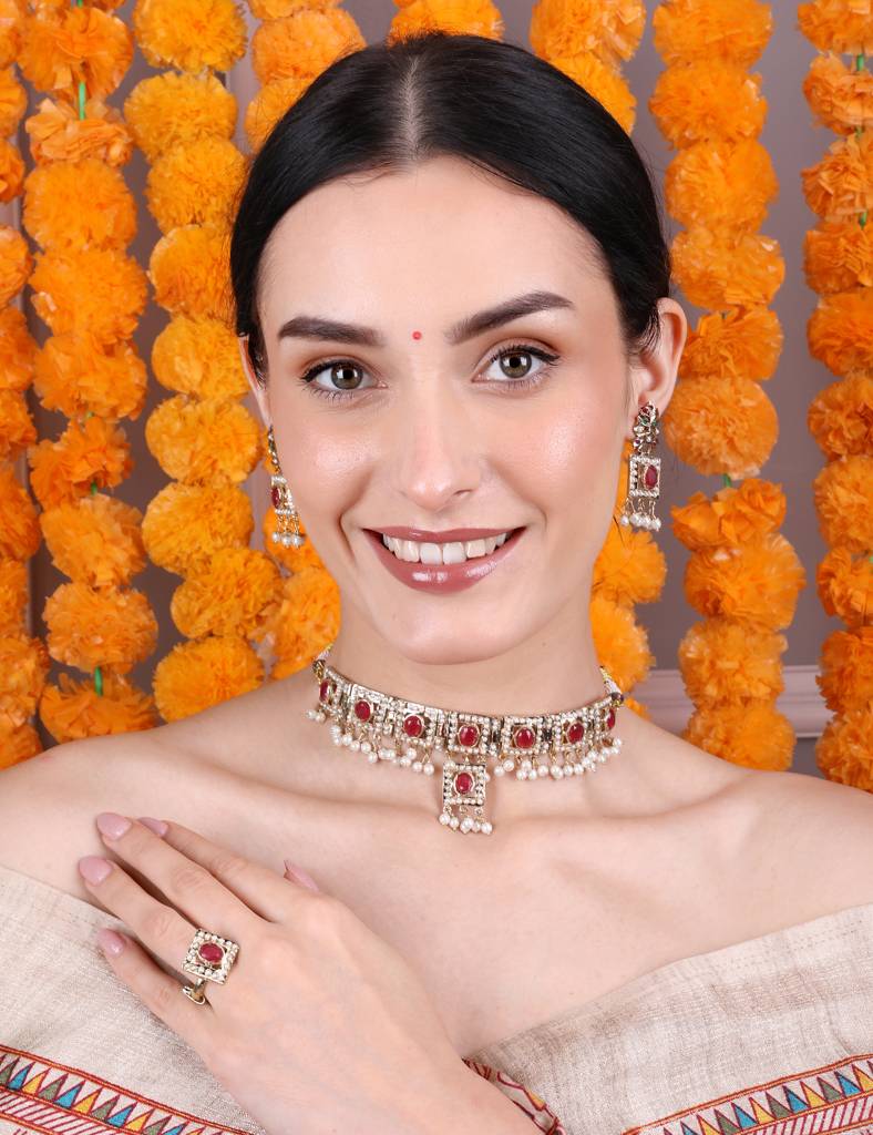 Royal Ruby And White Stone Choker Set With Earrings And Ring : RMQJ0238