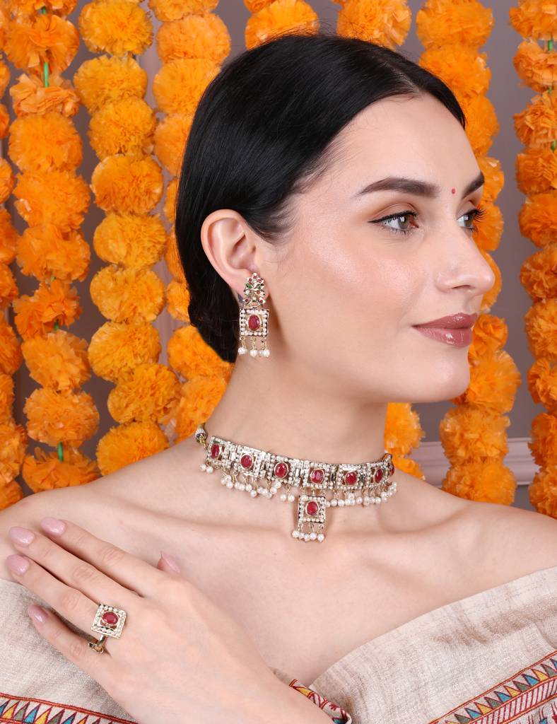 Royal Ruby And White Stone Choker Set With Earrings And Ring : RMQJ0238