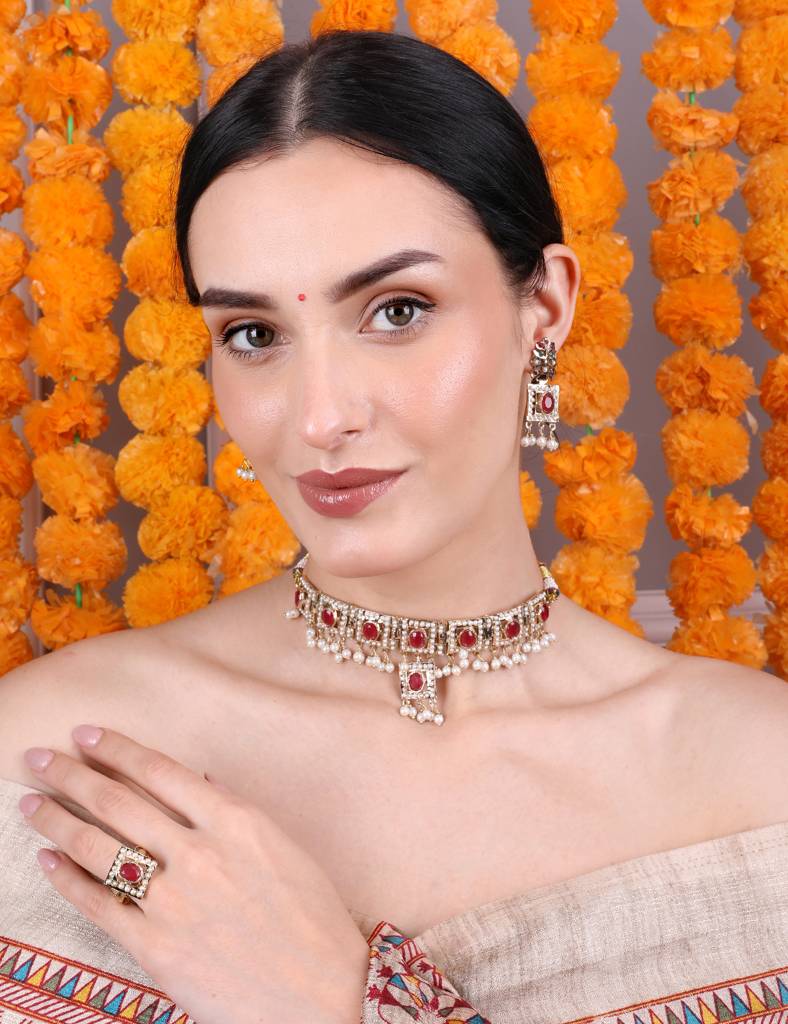 Royal Ruby And White Stone Choker Set With Earrings And Ring : RMQJ0238