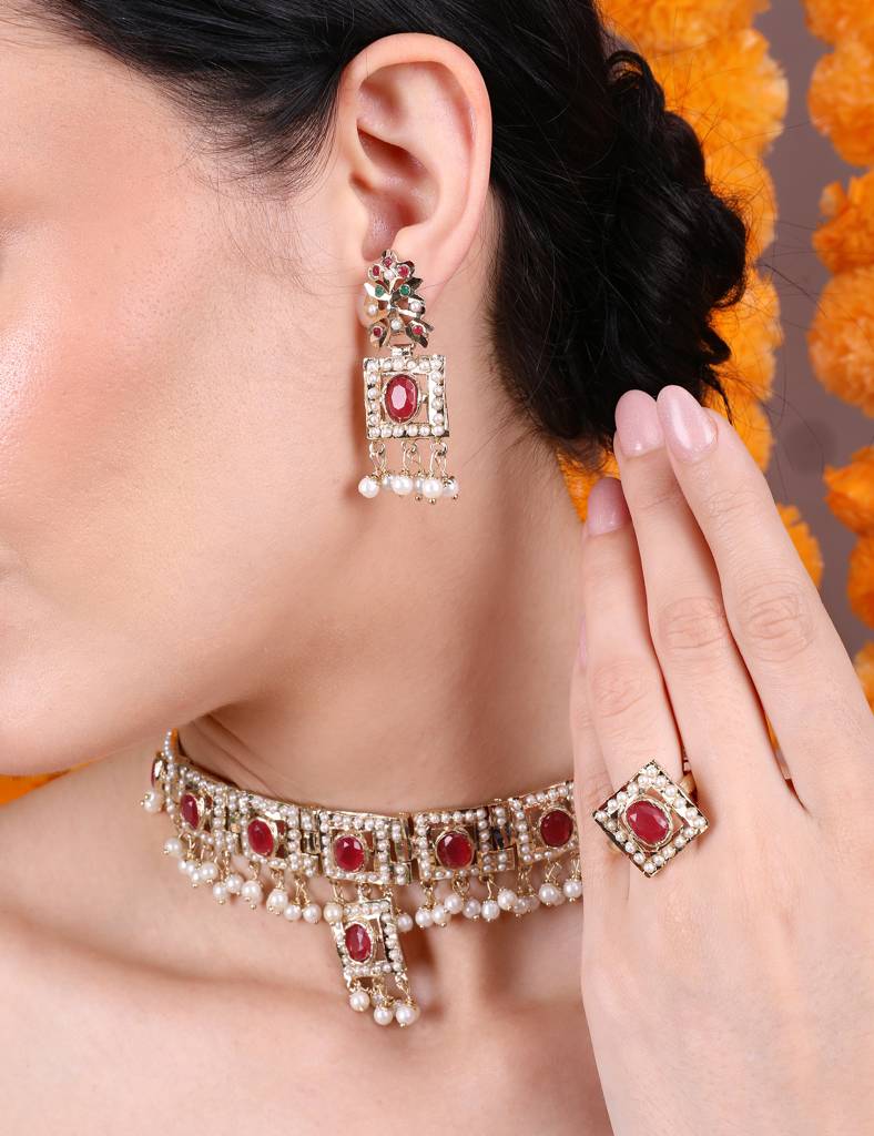 Royal Ruby And White Stone Choker Set With Earrings And Ring : RMQJ0238