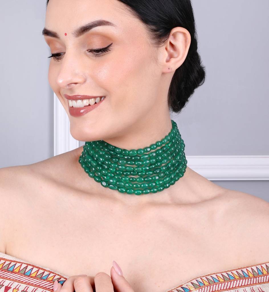 Emerald Green Radiance Multilayer Beaded Choker : RMQJ0217