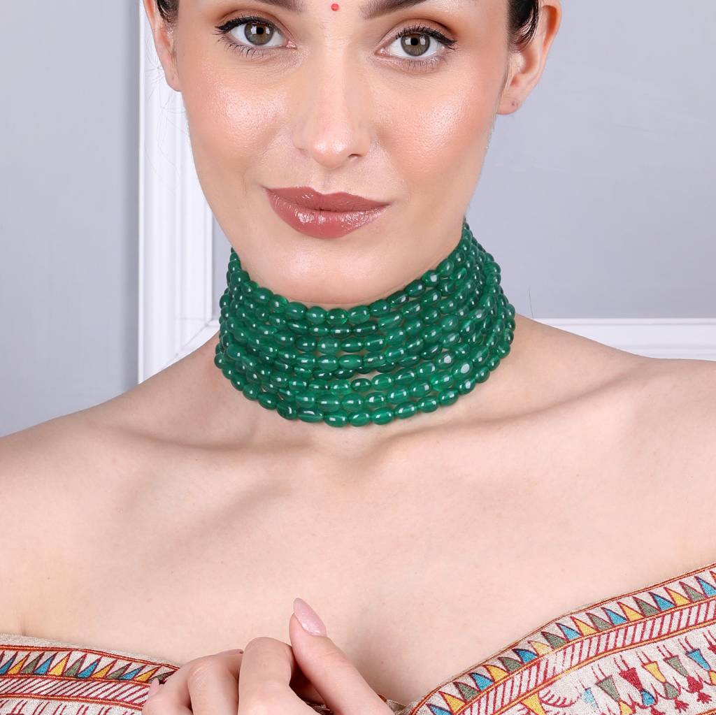 Emerald Green Radiance Multilayer Beaded Choker : RMQJ0217