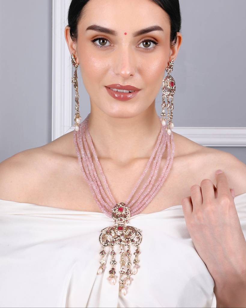 Royal Jadau Pink Jadau Necklace Set With Earrings : RMQJ0239