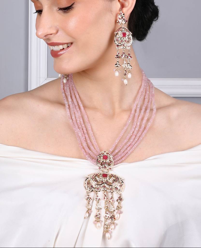 Royal Jadau Pink Jadau Necklace Set With Earrings : RMQJ0239